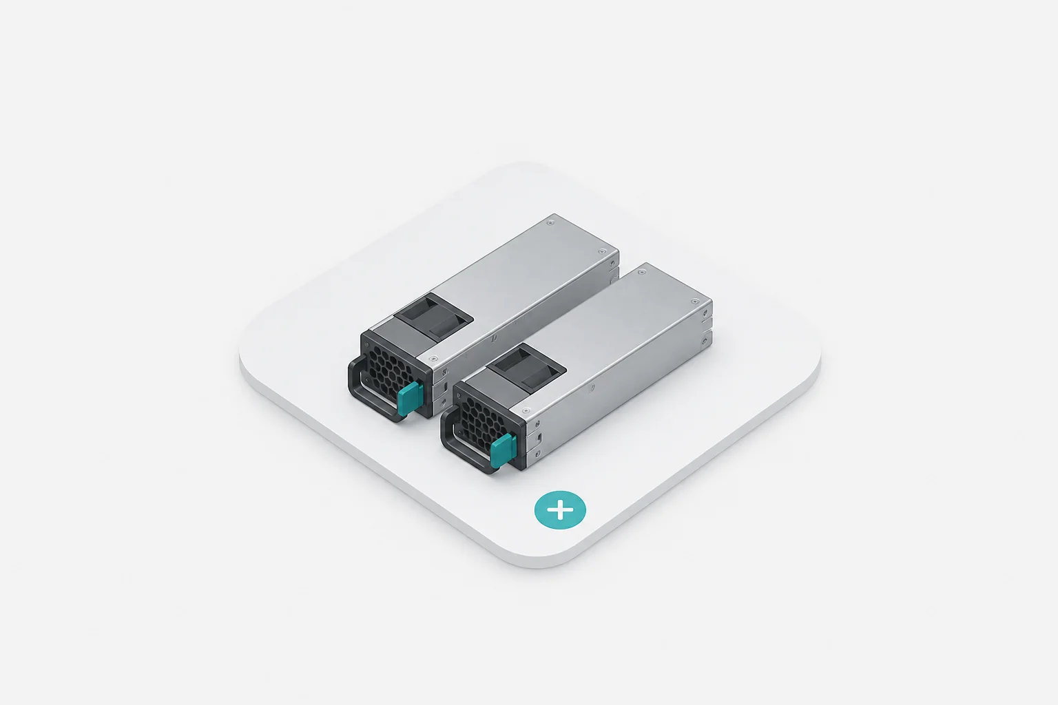 Illustration: zwei baugleiche Server-Netzteile als Einschübe nebeneinander, jedes mit Lüftergitter, Bügelgriff und Verriegelung.