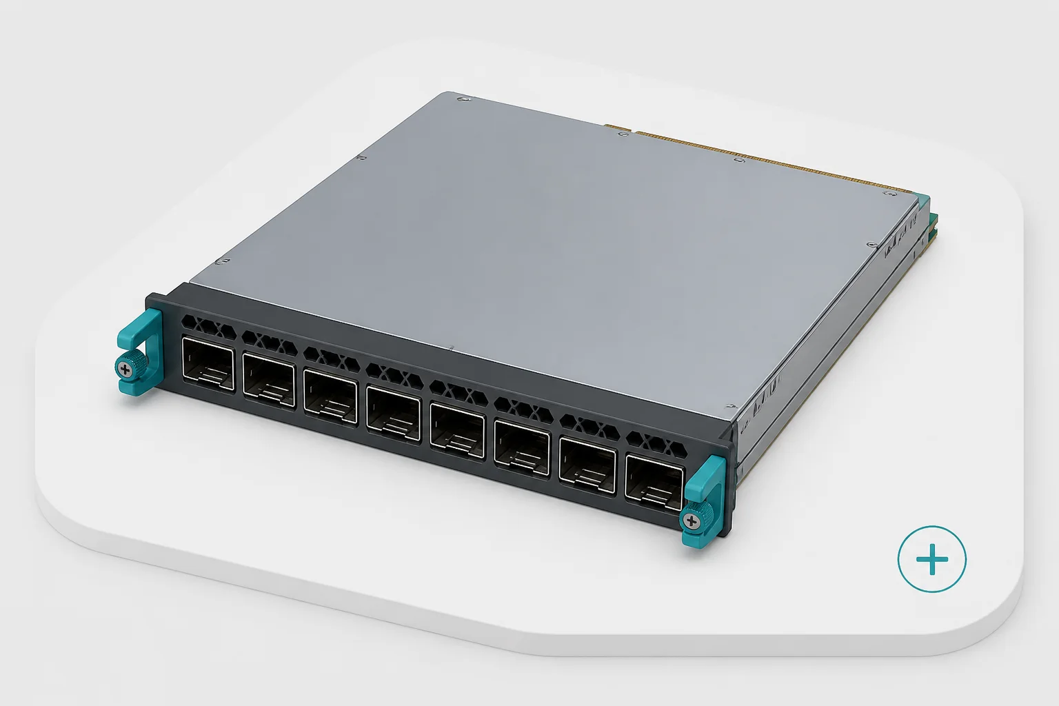 Illustration: ein Switch-Einschub mit acht Steckplätzen für optische Module an der Frontblende.