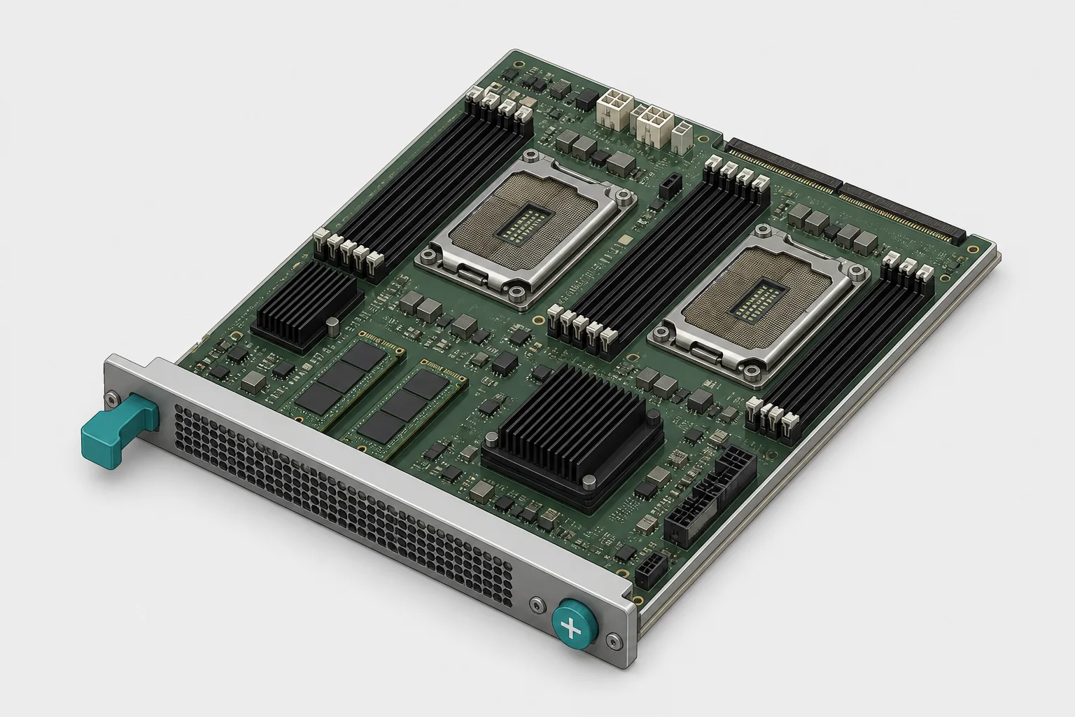 Illustration: eine Server-Hauptplatine mit zwei CPU-Sockeln, Speicherbänken zu beiden Seiten und zwei NVMe-Modulen hinter der Frontblende.