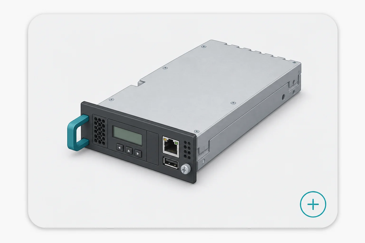 Illustration: ein Verwaltungsmodul als Einschub, mit Statusdisplay, drei Tasten, Netzwerkbuchse und USB-Anschluss an der Frontblende.
